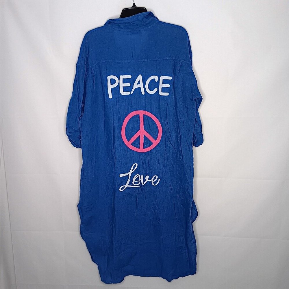 100% linen made in Italy blue long sleeve button Up tunic Dress peace & love OS
